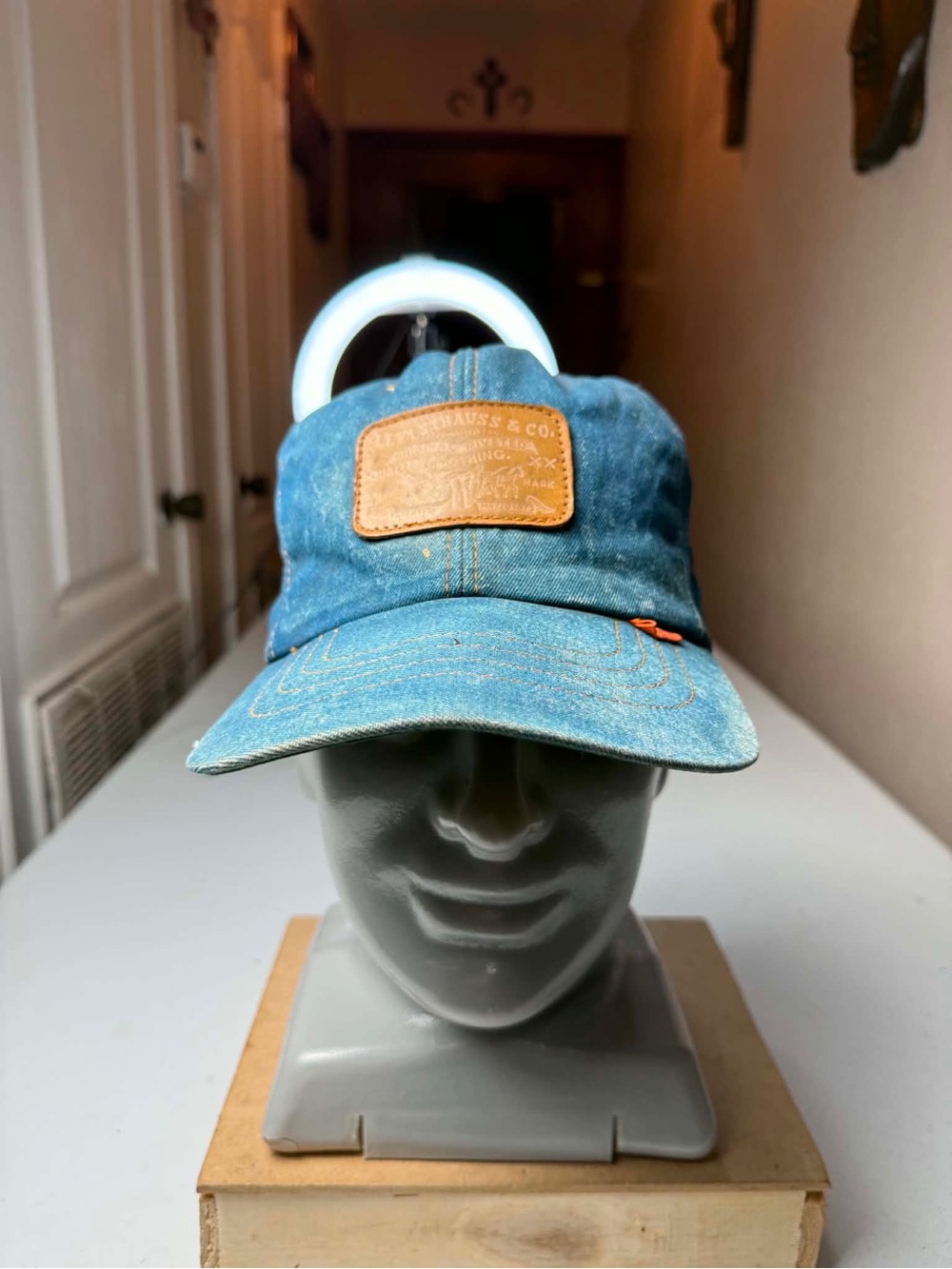 Vintage Levis Denim Hat Cap Orange Tab Leather Patch Trucker DAMAGE